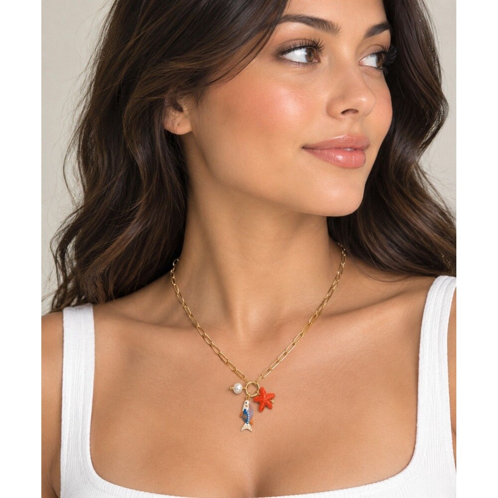 Mayamar Orange Starfish Fish & Pearl Paperclip Link Necklace 16.5" NEW